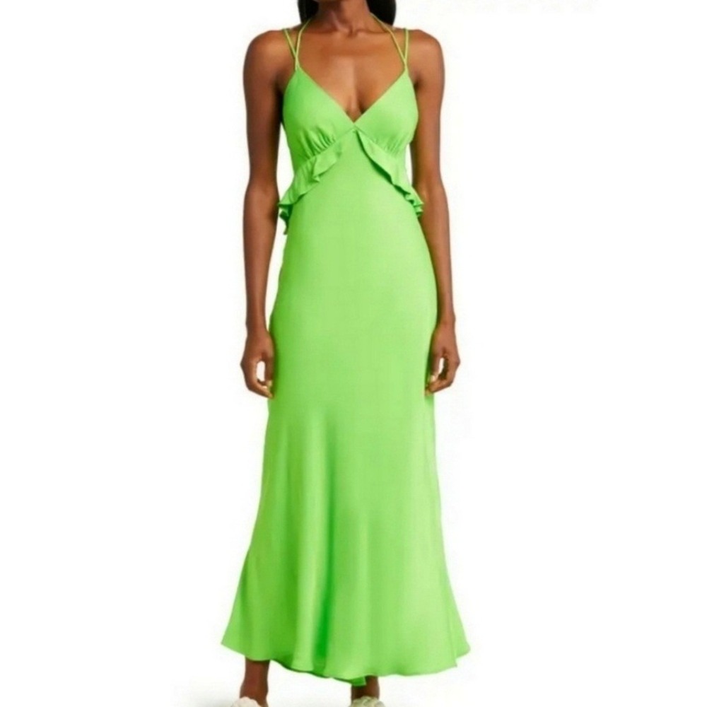 Farm Rio Lime Green Ruffle Open Tie Back Midi Dress Womens Size Small Neon Boho